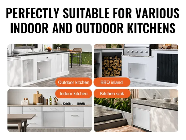 VEVOR bbq access door for indoor and outdoor kitchens, featuring bbq island, kitchen sink, and cabinets.