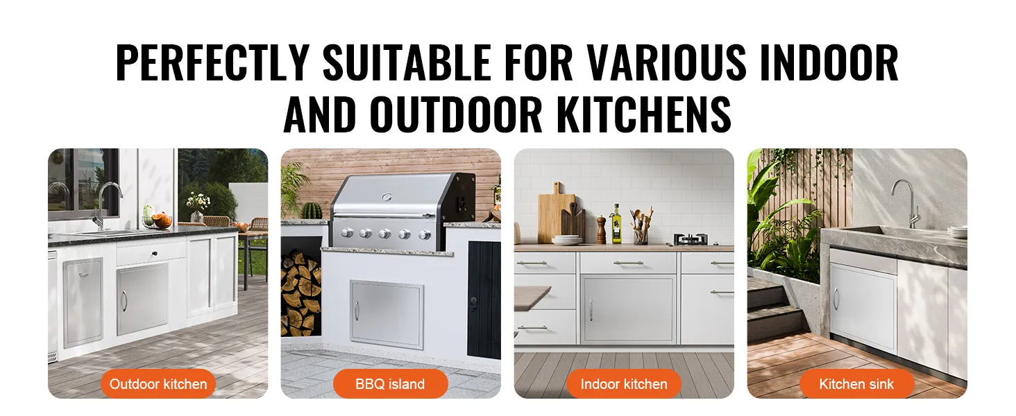 VEVOR bbq access door for indoor and outdoor kitchens, featuring bbq island, kitchen sink, and cabinets.