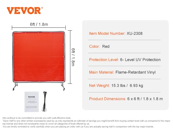 VEVOR welding screen, 6ft x 6ft, red, flame-retardant vinyl, includes manual and 24 cable ties.