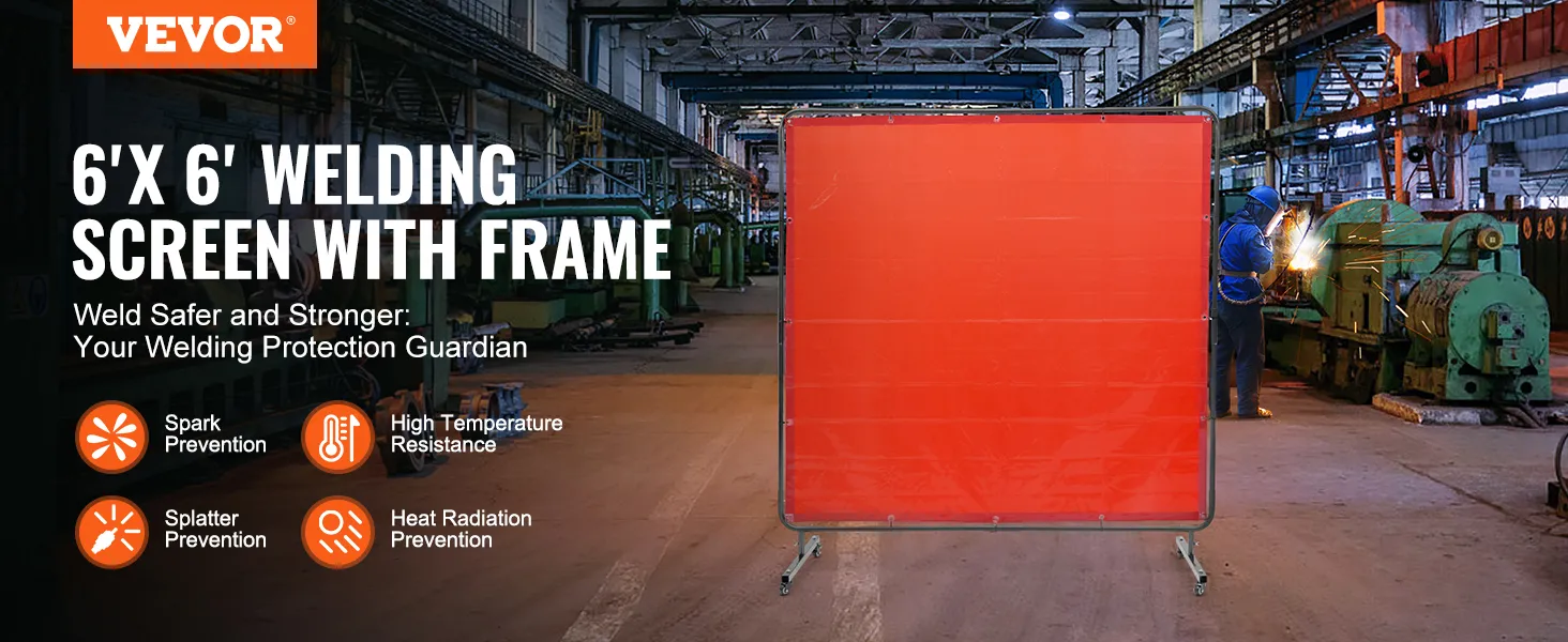 VEVOR welding screen with frame in a factory setting, offering spark and splatter prevention.