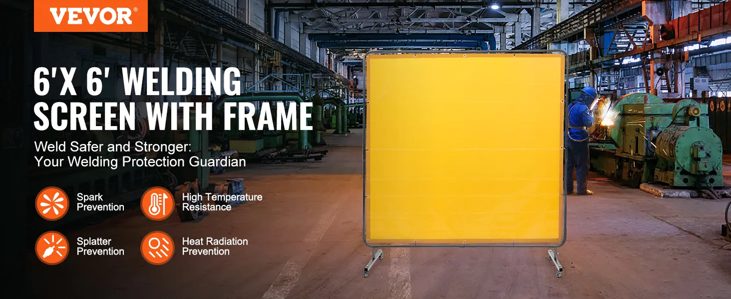 VEVOR welding screen 6' x 6' with frame in an industrial workspace, highlighting safety features.