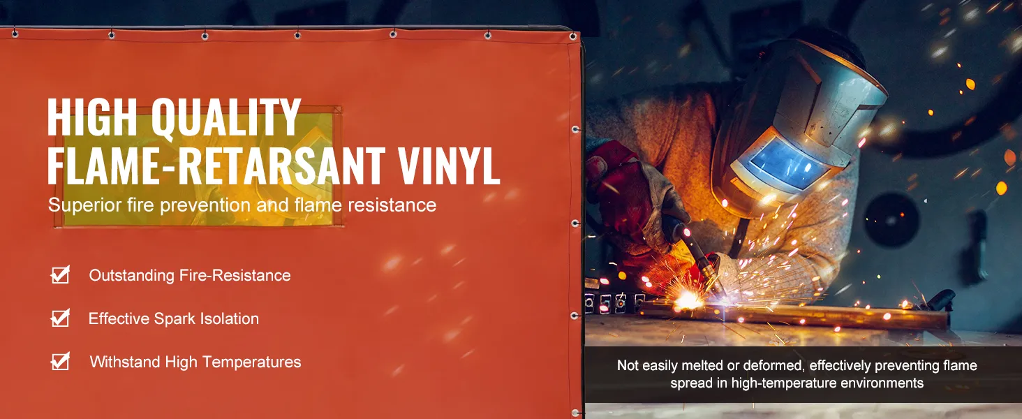 VEVOR welding screen with high-quality flame-retardant vinyl, offering fire resistance and spark isolation.