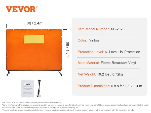 VEVOR welding screen, 8x6 ft, flame-retardant vinyl, level 6 uv protection, yellow, includes manual and ties.