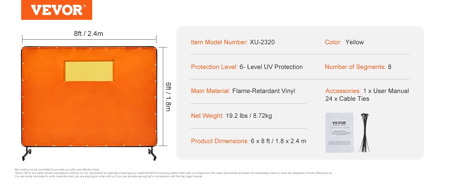VEVOR welding screen, 8x6 ft, flame-retardant vinyl, level 6 uv protection, yellow, includes manual and ties.