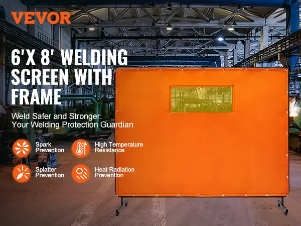 VEVOR welding screen with frame in an industrial setting, featuring spark and splatter prevention icons.