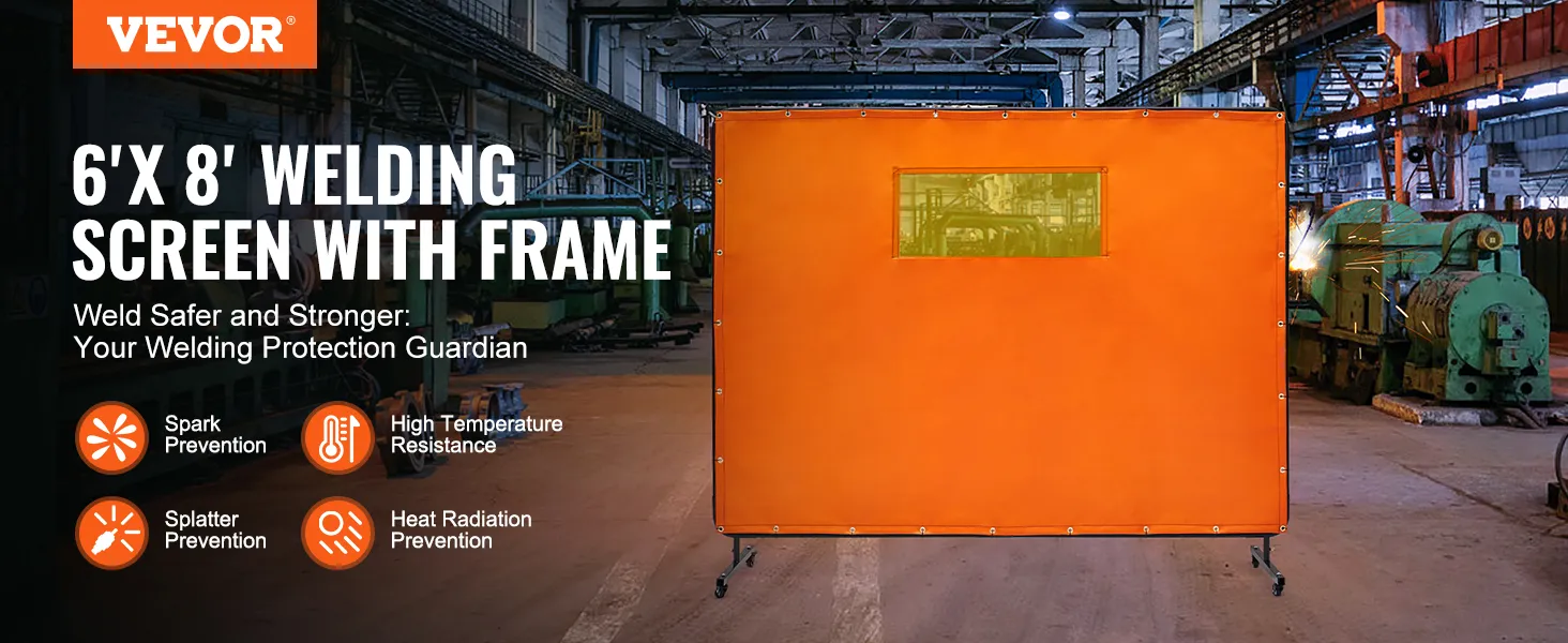 VEVOR welding screen with frame in an industrial setting, featuring spark and splatter prevention icons.