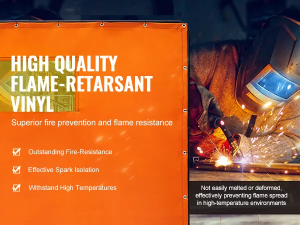VEVOR welding screen: high-quality flame-retardant vinyl, effective in spark isolation and fire resistance.