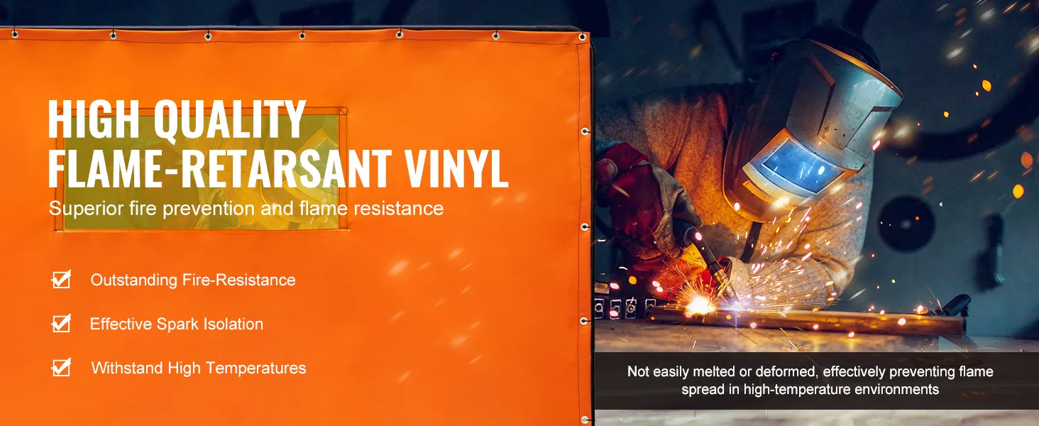 VEVOR welding screen: high-quality flame-retardant vinyl, effective in spark isolation and fire resistance.