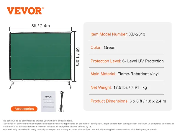 VEVOR welding screen, green, 8x6 ft, flame-retardant vinyl, uv protection, includes manual and cable ties.