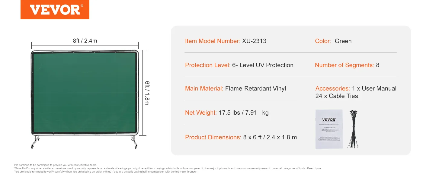 VEVOR welding screen, green, 8x6 ft, flame-retardant vinyl, uv protection, includes manual and cable ties.