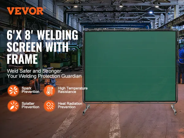 VEVOR welding screen: 6'x 8' frame in a workshop, offering spark, splatter, heat, and radiation protection.