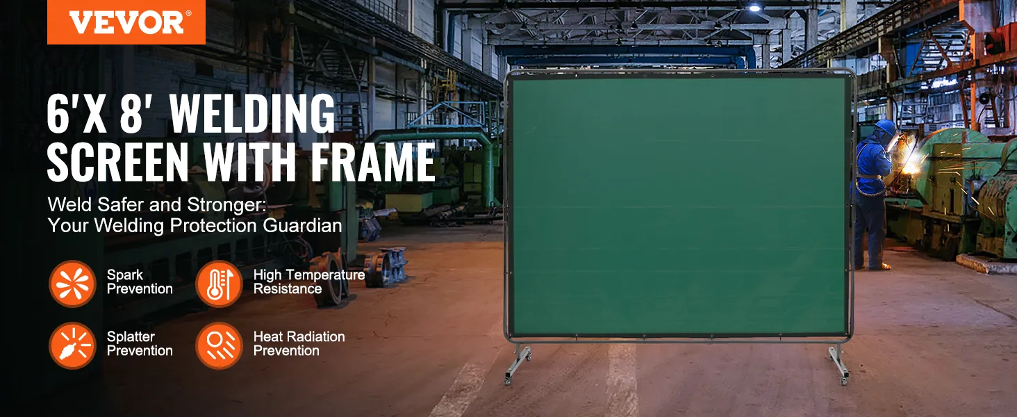 VEVOR welding screen: 6'x 8' frame in a workshop, offering spark, splatter, heat, and radiation protection.