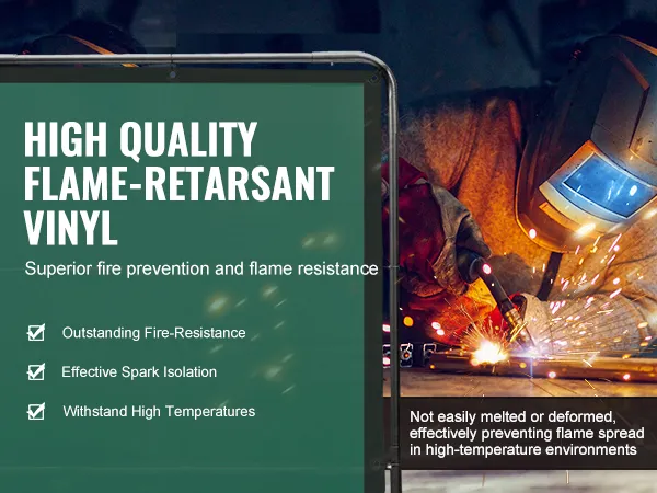 VEVOR welding screen in use, highlighting high-quality flame-retardant vinyl with fire resistance benefits.