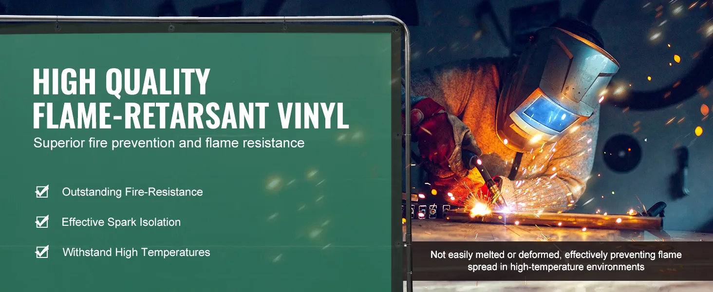 VEVOR welding screen in use, highlighting high-quality flame-retardant vinyl with fire resistance benefits.