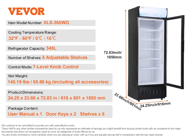 Frigorífico comercial VEVOR, modelo xls-365wg, 345l, 5 estantes ajustables, control mediante perilla de 7 niveles.