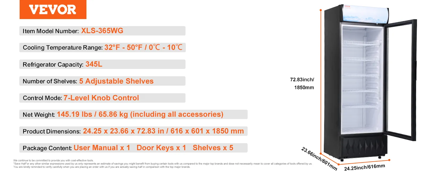 Frigorífico comercial VEVOR, modelo xls-365wg, 345l, 5 estantes ajustables, control mediante perilla de 7 niveles.