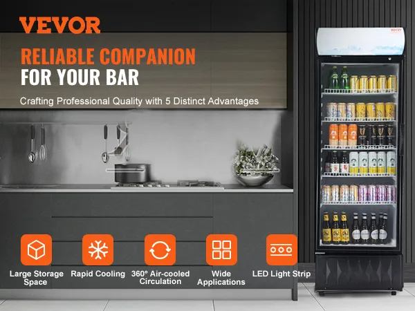 Frigorífico comercial VEVOR en cocina bar moderna con gran almacenamiento, enfriamiento rápido, tira de luz LED.