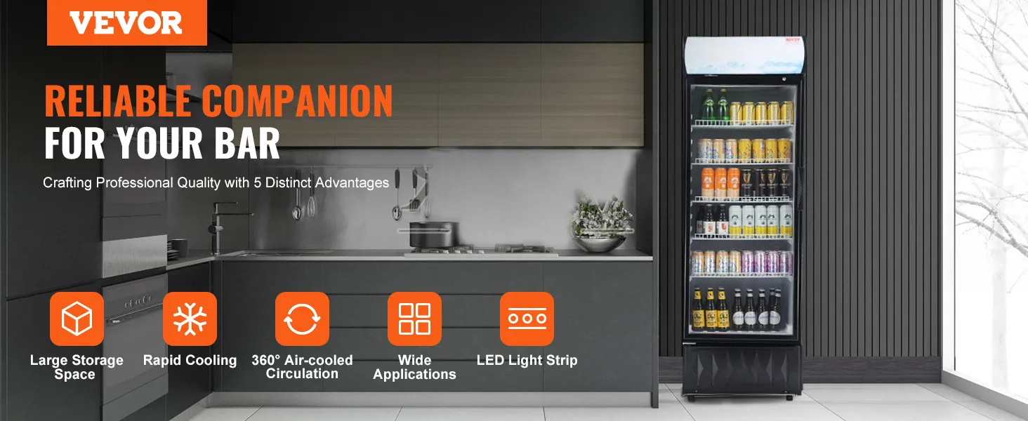 Frigorífico comercial VEVOR en cocina bar moderna con gran almacenamiento, enfriamiento rápido, tira de luz LED.