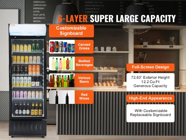 Frigorífico comercial VEVOR en entorno de panadería con letrero personalizable que muestra bebidas enlatadas, bebidas embotelladas, varias cervezas y vinos tintos.