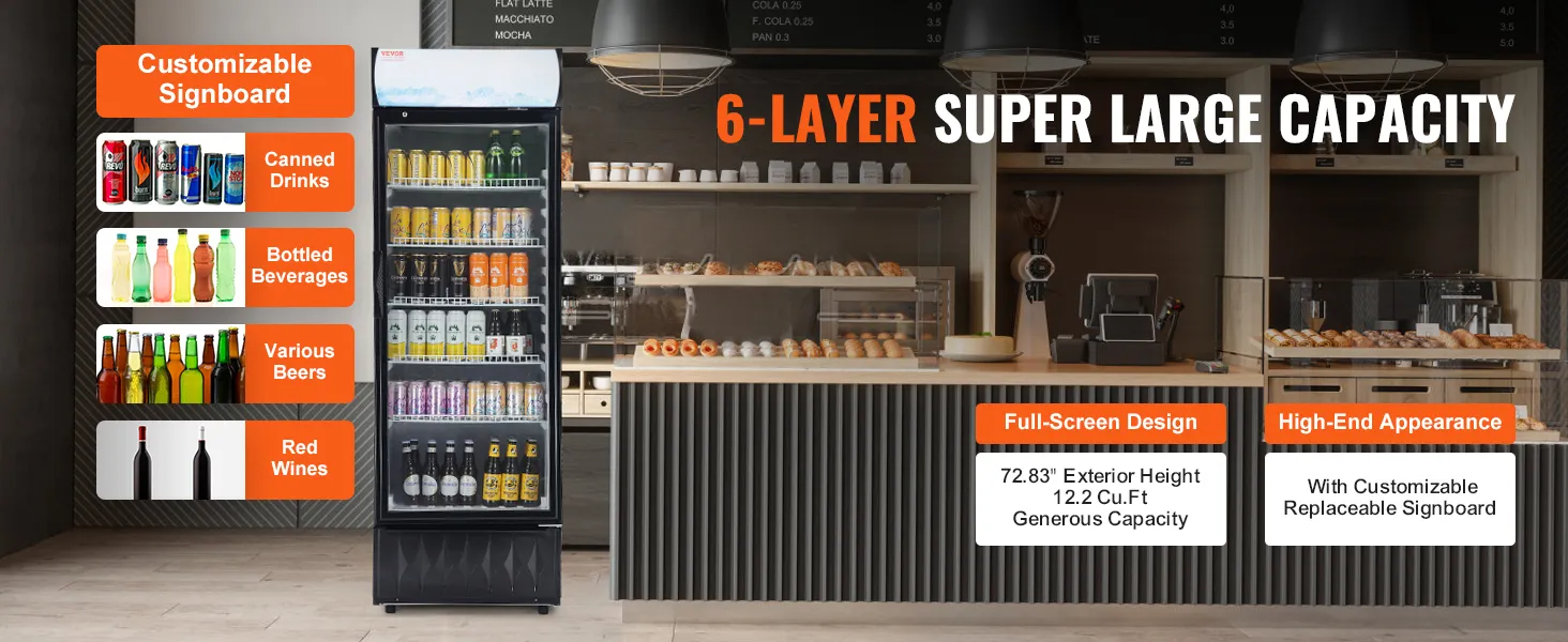 Frigorífico comercial VEVOR en entorno de panadería con letrero personalizable que muestra bebidas enlatadas, bebidas embotelladas, varias cervezas y vinos tintos.