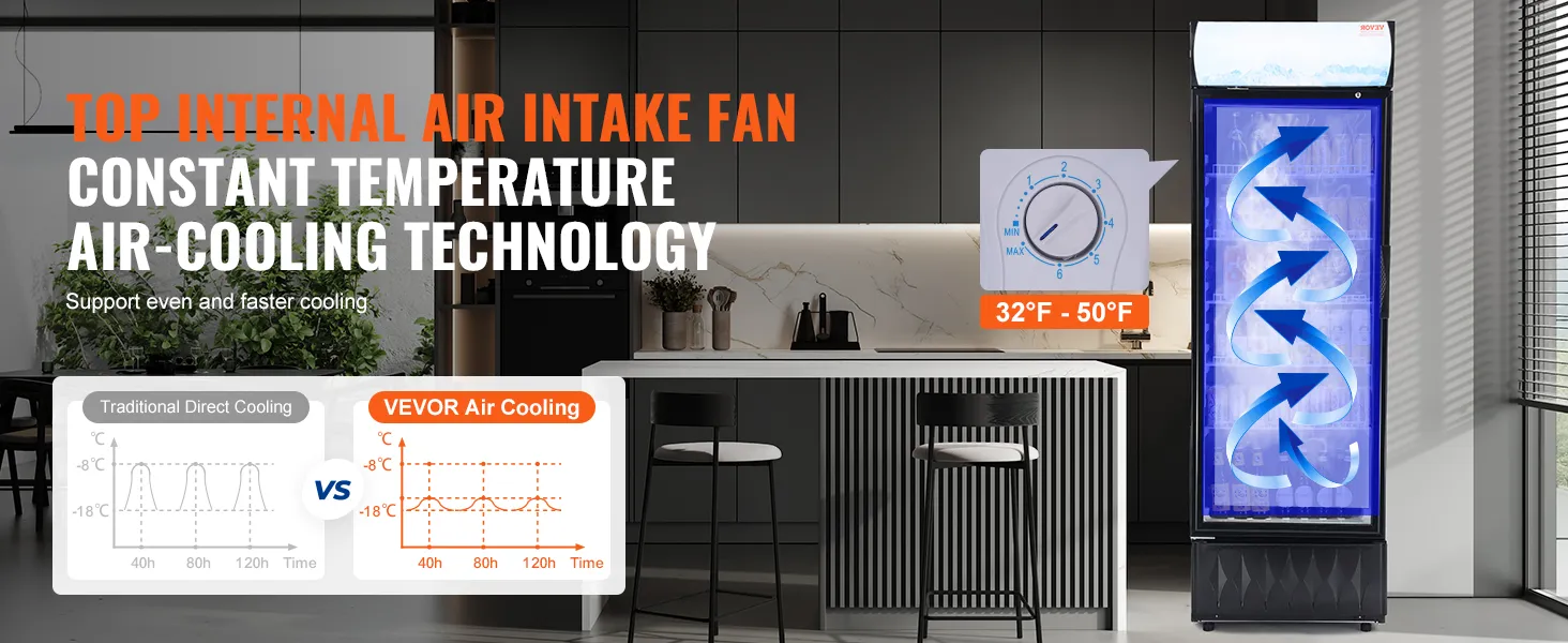 Frigorífico comercial VEVOR con ventilador de entrada de aire interno y tecnología de enfriamiento de aire a temperatura constante