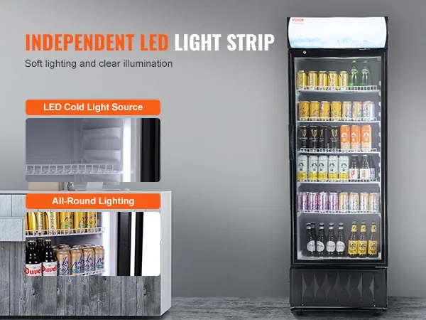 Frigorífico comercial VEVOR con tira de luz LED independiente, que muestra bebidas bajo una iluminación suave.