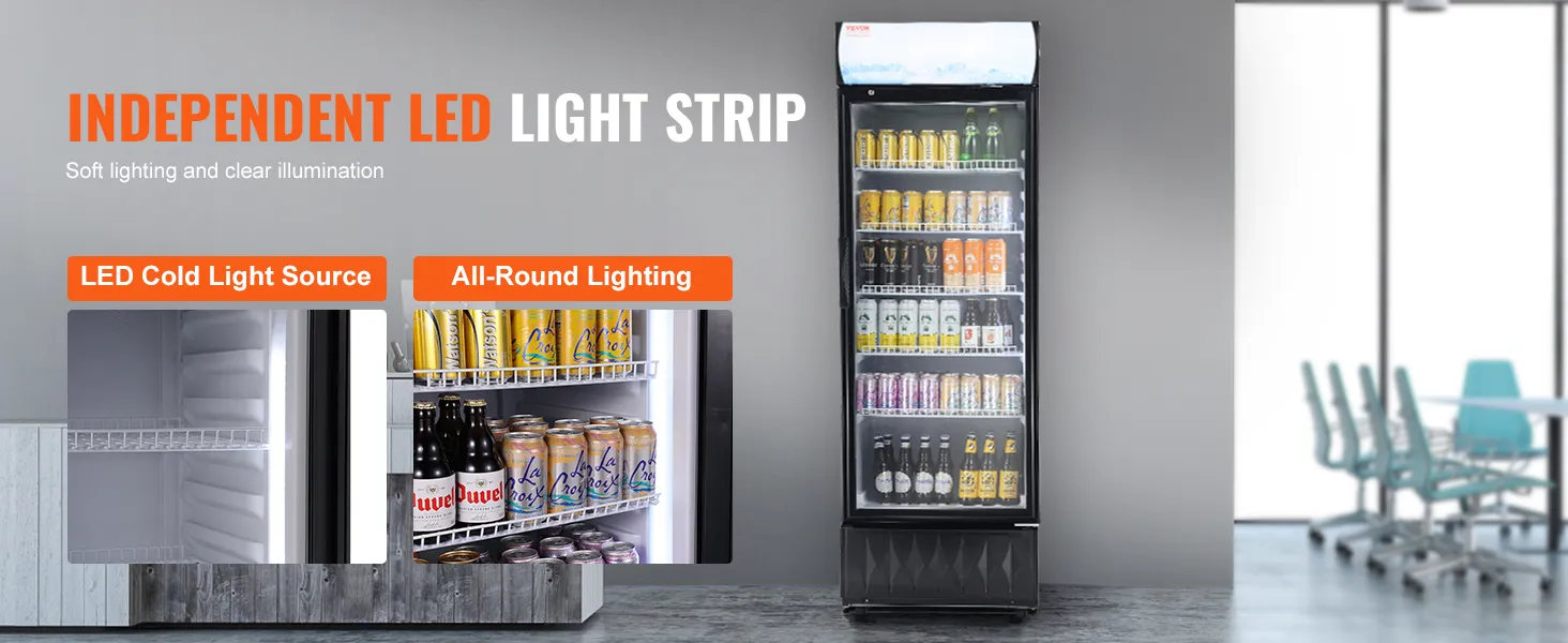Frigorífico comercial VEVOR con tira de luz LED independiente, que muestra bebidas bajo una iluminación suave.