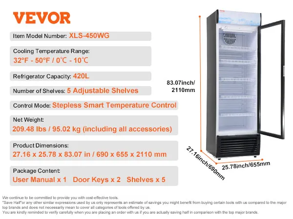 Frigorífico comercial VEVOR xls-450wg, 420l, 5 estantes ajustables, control de temperatura continuo.