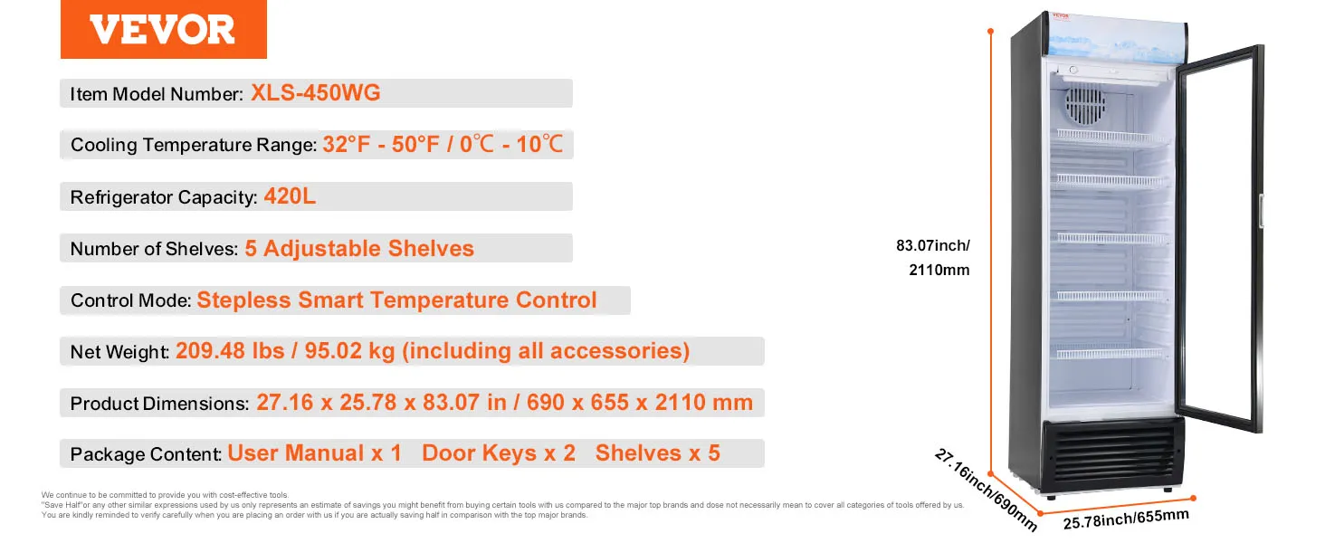 Frigorífico comercial VEVOR xls-450wg, 420l, 5 estantes ajustables, control de temperatura continuo.