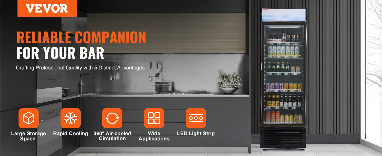 Frigorífico comercial VEVOR en una moderna configuración de barra con ventajas: gran almacenamiento, enfriamiento rápido, tira de luz LED.