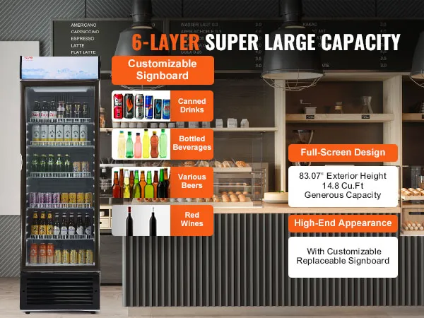 Frigorífico comercial VEVOR de 6 capas con letrero personalizable, gran capacidad, visualización de diversas bebidas.