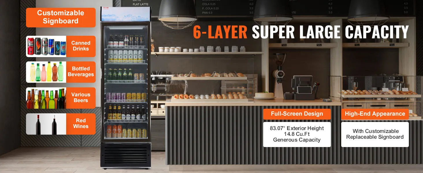 Frigorífico comercial VEVOR de 6 capas con letrero personalizable, gran capacidad, visualización de diversas bebidas.
