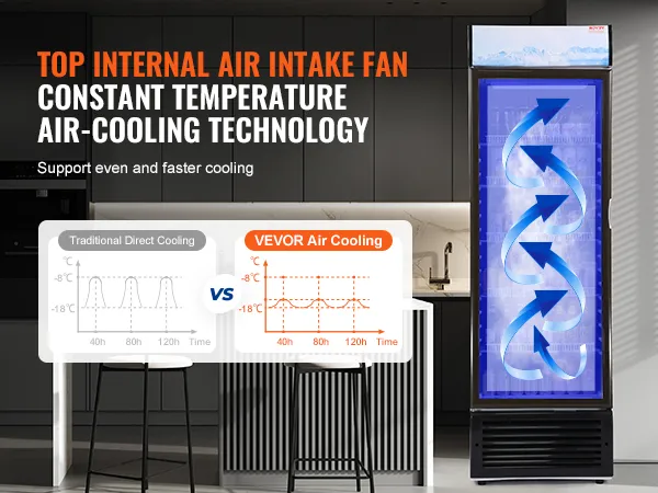 Frigorífico comercial VEVOR en una cocina moderna, que muestra tecnología de enfriamiento por aire y control de temperatura.