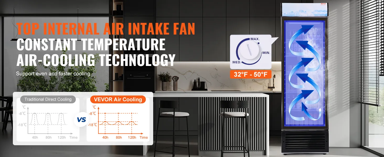 Frigorífico comercial VEVOR en una cocina moderna, que muestra tecnología de enfriamiento por aire y control de temperatura.
