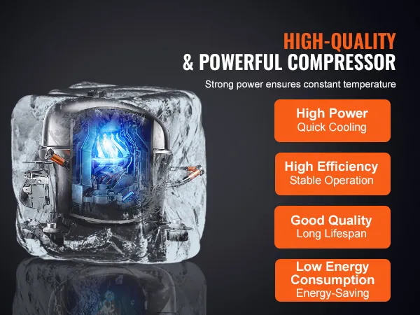 Compresor de alta calidad en refrigerador comercial VEVOR, destacando características de potencia, eficiencia y ahorro de energía.