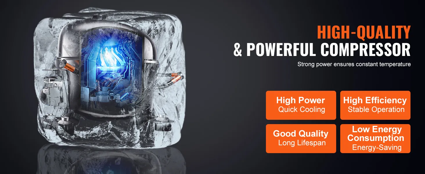 Compresor de alta calidad en refrigerador comercial VEVOR, destacando características de potencia, eficiencia y ahorro de energía.