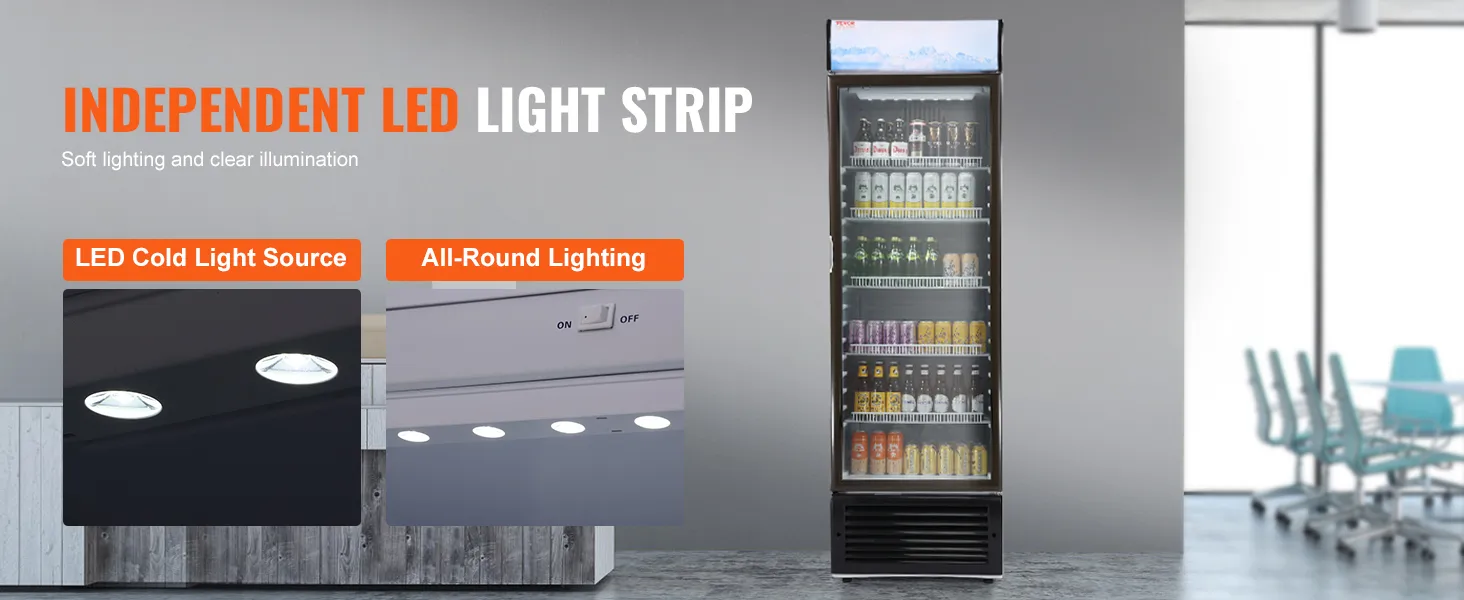 Frigorífico comercial VEVOR con tira de luz LED independiente para una iluminación suave y clara.