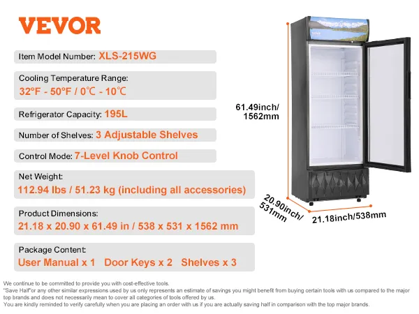 VEVOR commerciële koelkast met een capaciteit van 195 liter, 3 verstelbare planken en een bedieningsknop met 7 standen.