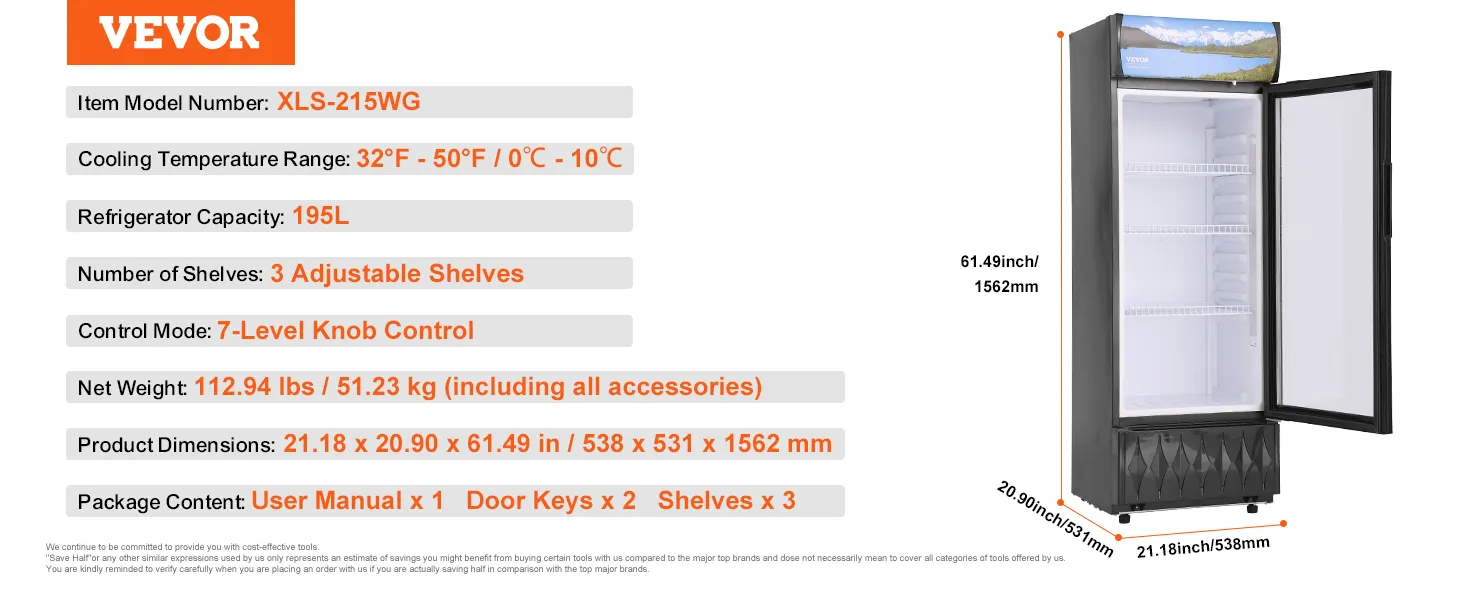 VEVOR commerciële koelkast met een capaciteit van 195 liter, 3 verstelbare planken en een bedieningsknop met 7 standen.