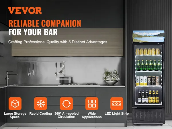 VEVOR commerciële koelkast in moderne keuken, met nadruk op koel- en opslagvoordelen.