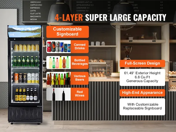 VEVOR commerciële merchandiserkoelkast met drankendisplay, aanpasbaar uithangbord en grote capaciteit.