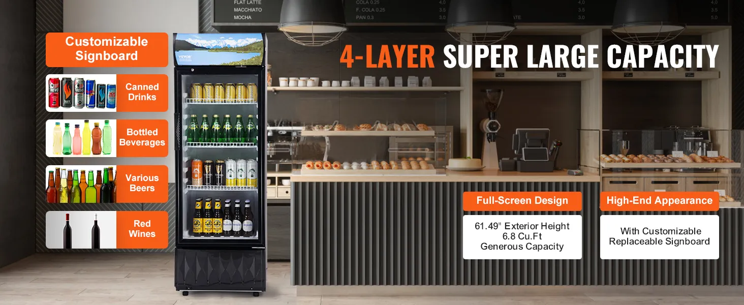 VEVOR commerciële merchandiserkoelkast met drankendisplay, aanpasbaar uithangbord en grote capaciteit.