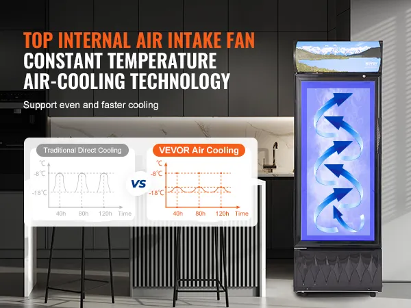 VEVOR commerciële koelvitrine met constante temperatuur luchtkoelingstechnologie.