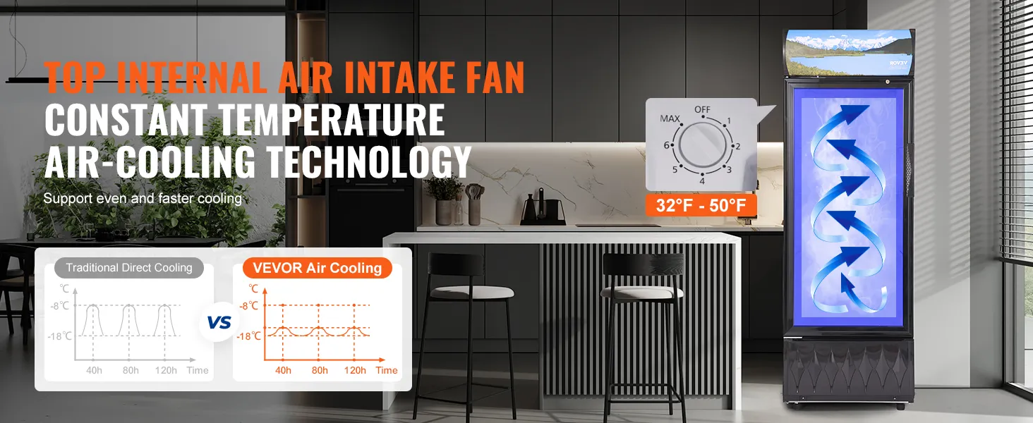 VEVOR commerciële koelvitrine met constante temperatuur luchtkoelingstechnologie.