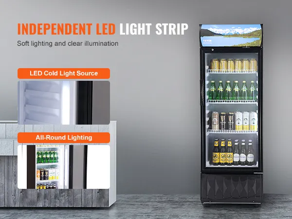 VEVOR commerciële merchandiser koelkast met led-verlichting, flessen en blikjes uitgestald op planken.