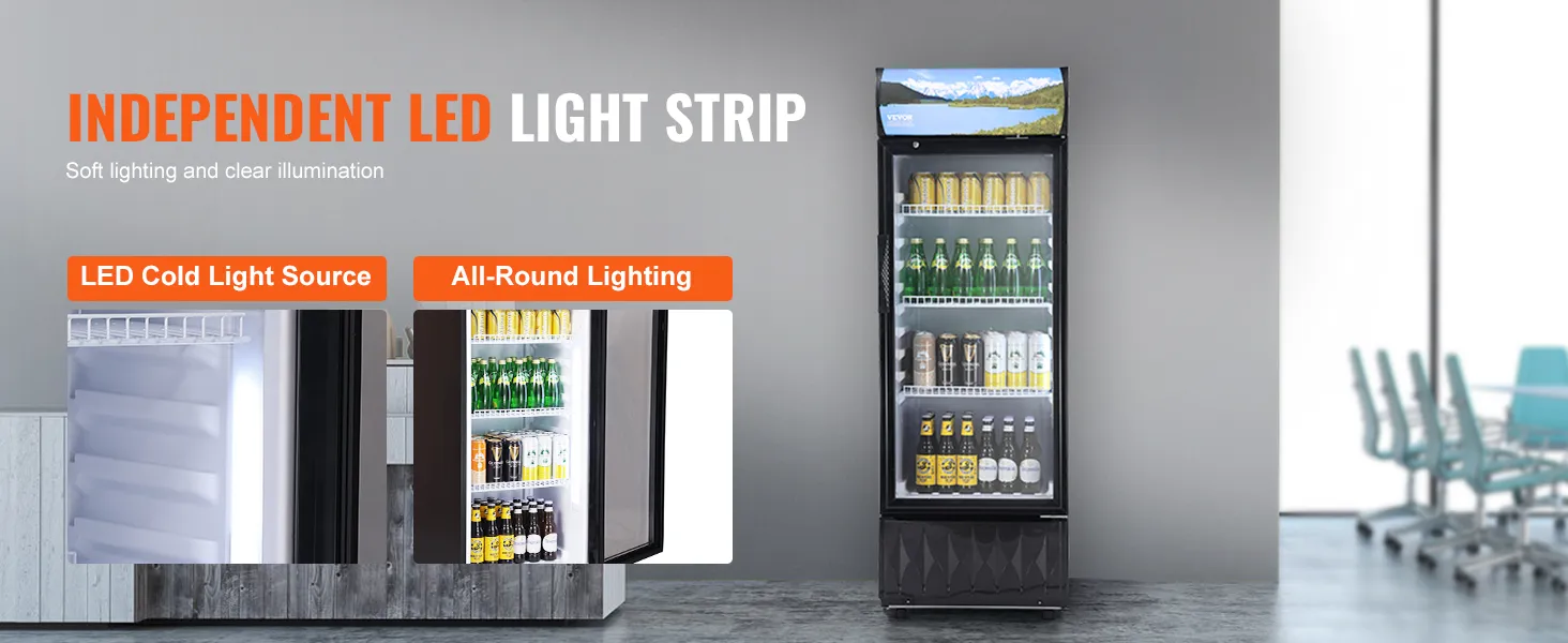 VEVOR commerciële merchandiser koelkast met led-verlichting, flessen en blikjes uitgestald op planken.