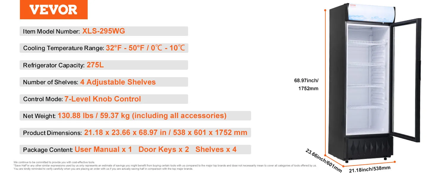 VEVOR commerciële koelkast met vier verstelbare planken, een capaciteit van 275 liter en een bedieningsknop met 7 standen.