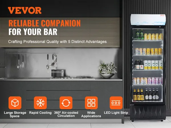 VEVOR commerciële koelkast in een moderne keuken met tekst die de belangrijkste kenmerken benadrukt.