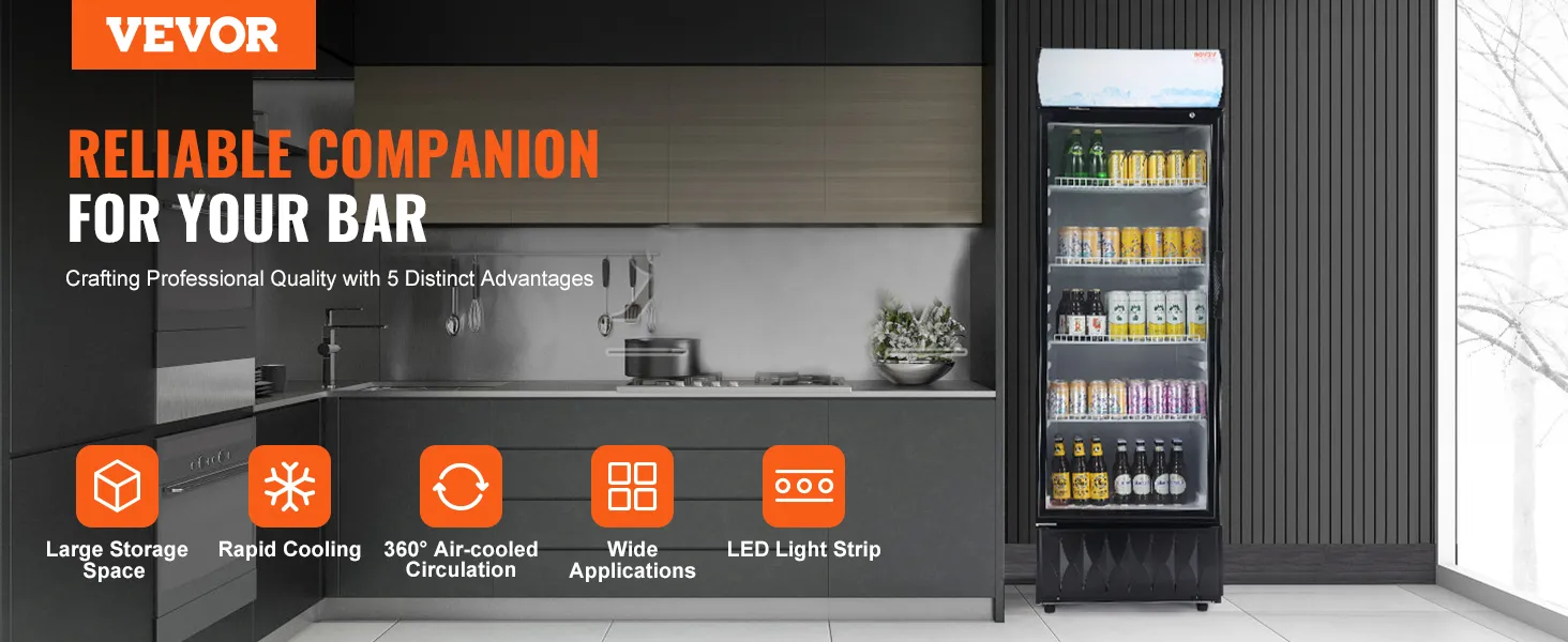 VEVOR commerciële koelkast in een moderne keuken met tekst die de belangrijkste kenmerken benadrukt.