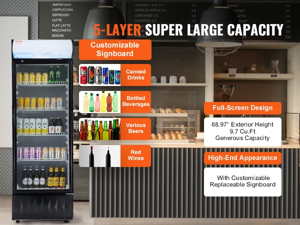 VEVOR commerciële merchandiserkoelkast met 5-laags schappen voor drankjes en aanpasbaar uithangbord.